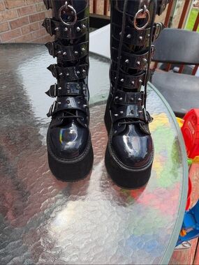 Demonia Black Patent Platform Combat Boots with Studded Straps. Vegan leather
